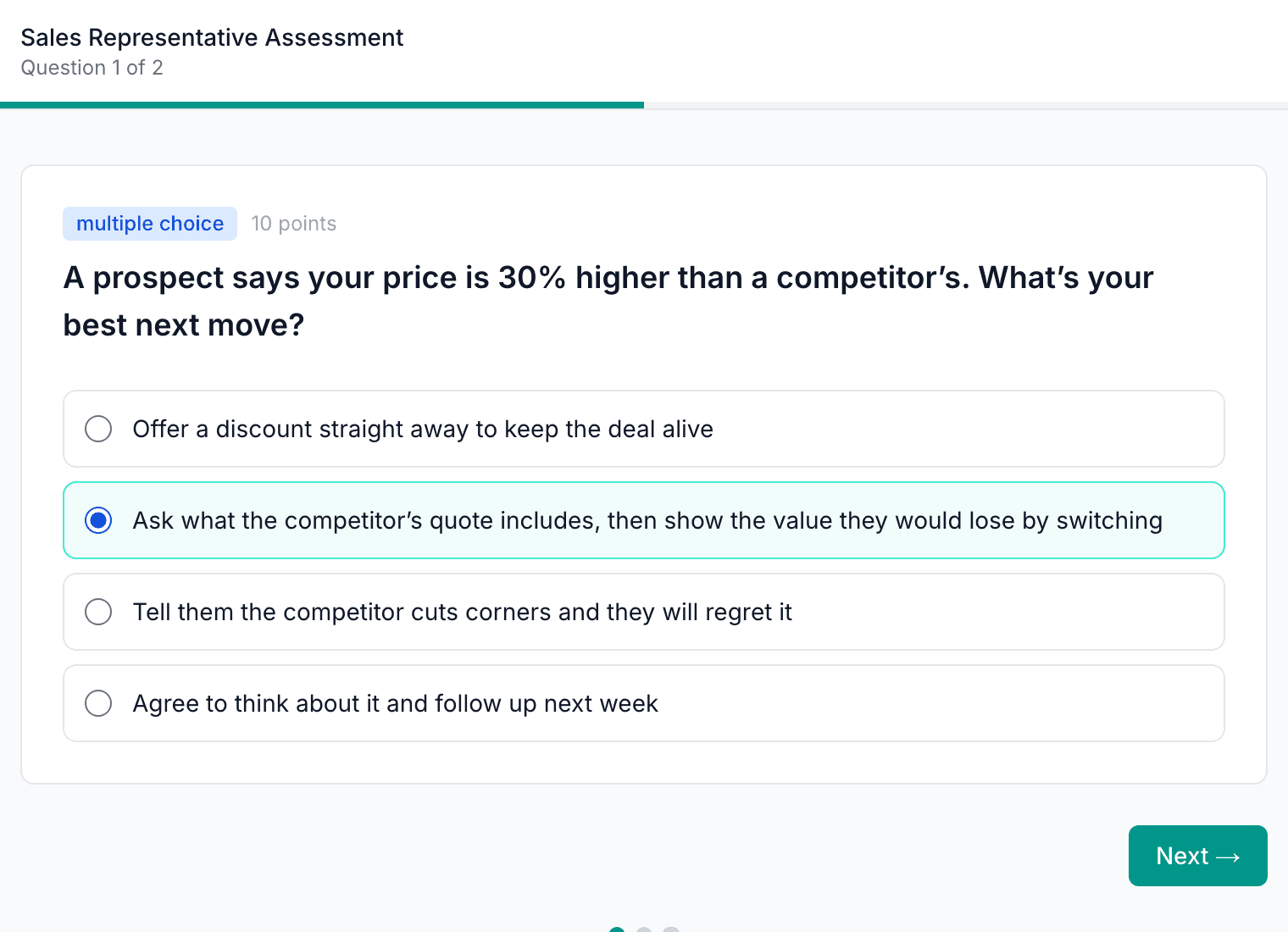 The Up&Up candidate screen: a sales scenario question with four answers, one selected