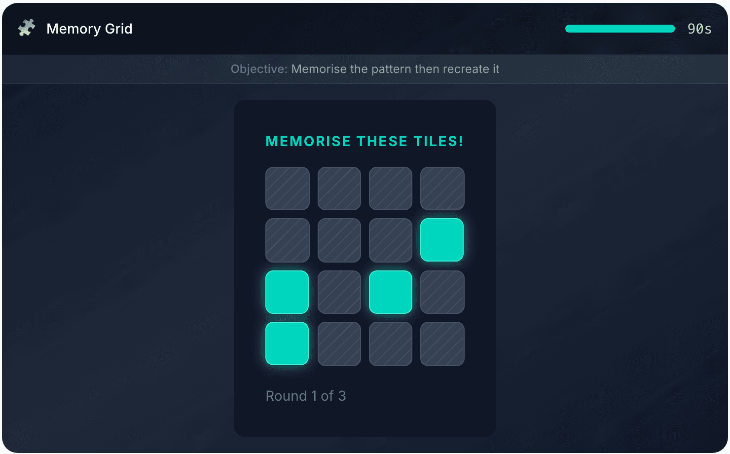 The Memory Grid game: a four by four grid with tiles to memorise