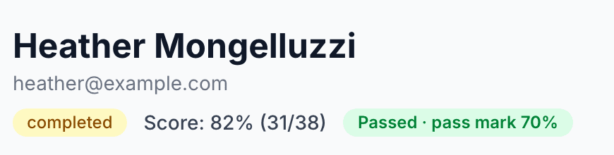 A scored result: 82%, passed against a 70% pass mark